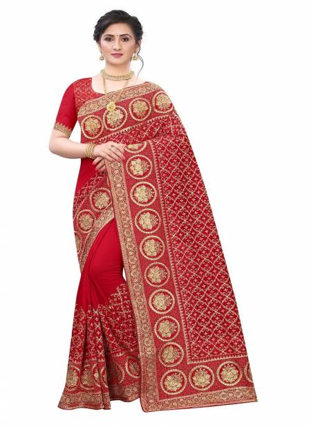 Red Colour Wish By Utsav Nari Embroidery Wedding Sarees Surat Wholesalers In Delhi 2281