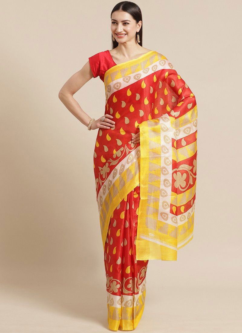 Red Daily Wear Pinted Bhagalpuri Saree 90