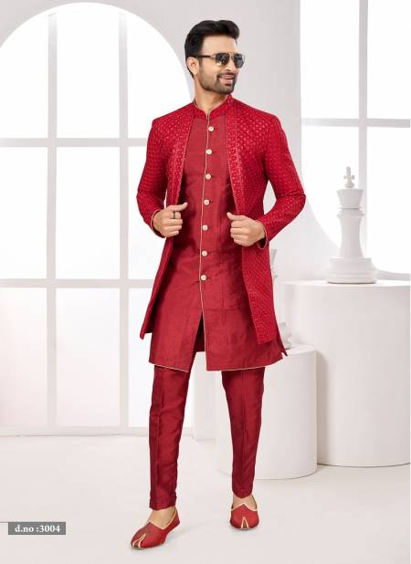 Red Maroon Colour Party wear Indo Western Mens wear Catalog 3004