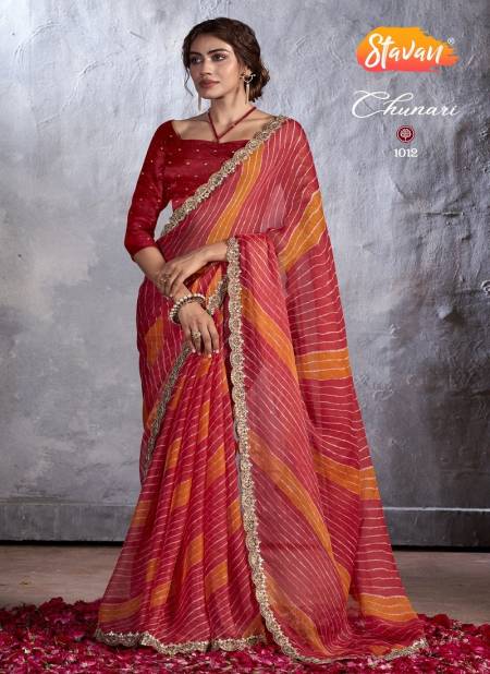 Red Multi Colour Chunari By Stavan Designer Chiffon Embroidery Sarees Wholesale Price In Surat 1012