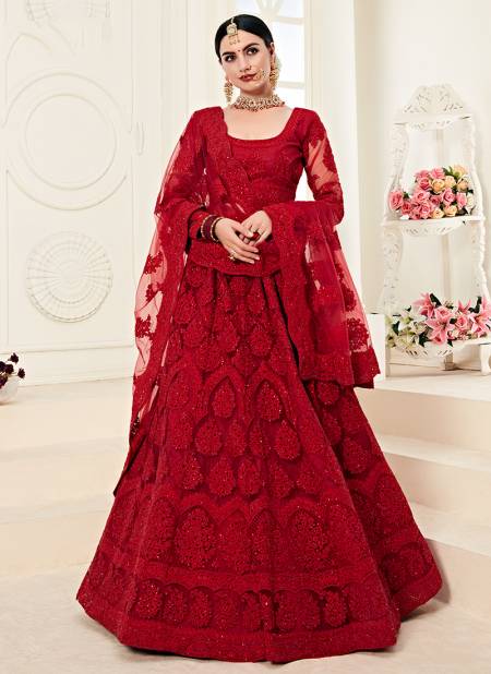 Red Alizeh Bridal Wear Embroidery Work Soft Net with Silk Satin Designer Heavy Wedding Lehenga Choli 1002C Catalog
