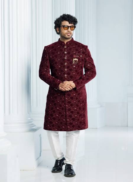 Red Off White Colour Function wear Mens Jacket Set Indo Western Catalog 2674