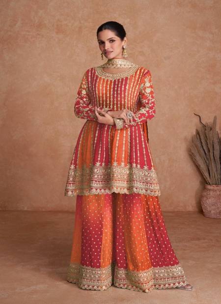 Red and Orange Colour Vaani Vol 2 By Gulkayra Real Chinon Sharara Readymade Suits Exporters In India 7407-M