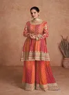 Red and Orange Colour Vaani Vol 2 By Gulkayra Real Chinon Sharara Readymade Suits Exporters In India 7407-M