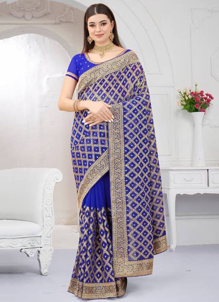 Wedding Dress Resham Thread Embroidered Net Royal Blue Saree|SARV144504
