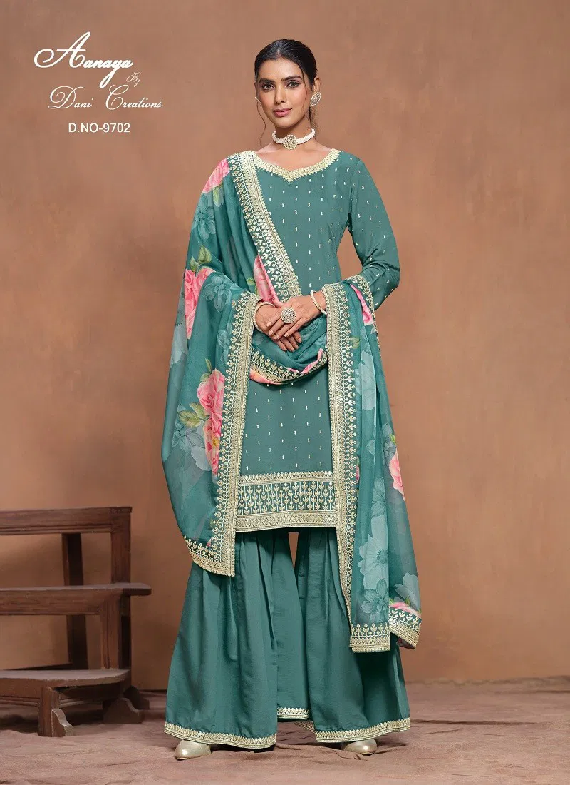 Sea Blue Colour Aanaya Vol 197 By Twisha Roman Silk Sharara Suit Wholesale Price In Surat 9702