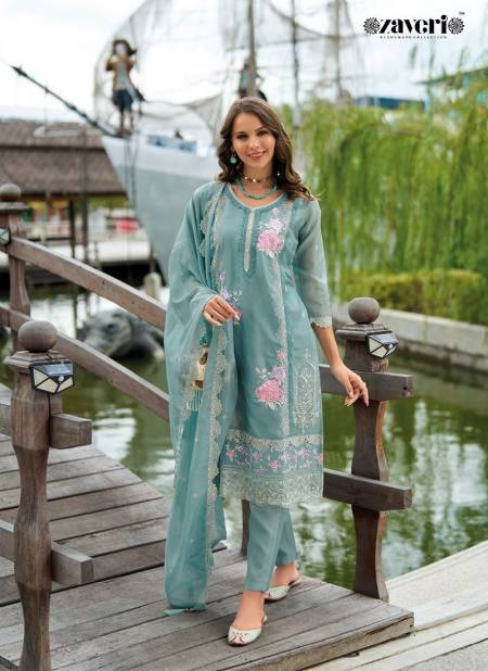 Sea Blue Colour Aanchal By Zaveri Organza Embroidery Kurti With Bottom Dupatta Orders In India 1356