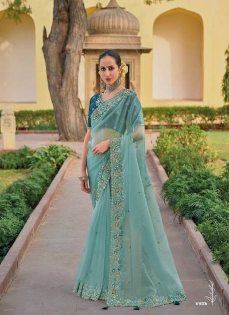 Sea Blue Colour Anaara 6900 Series By Tathastu Designer Fancy Tissue Organza Silk Saree Orders In India 6906