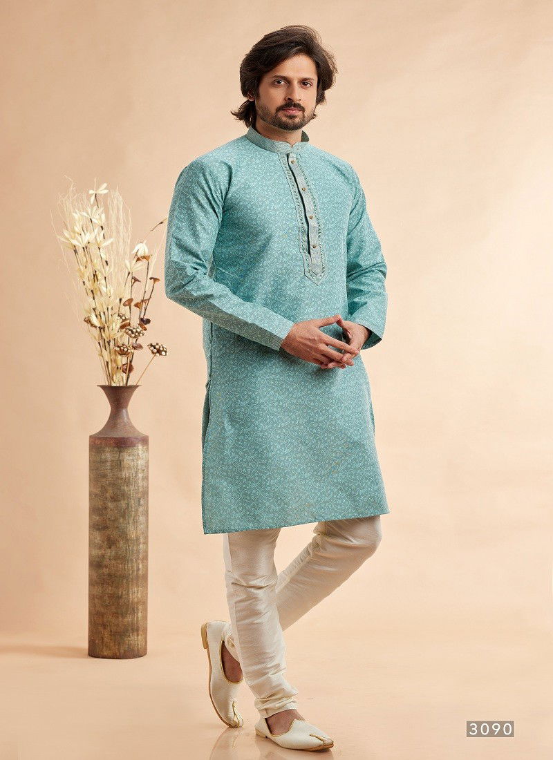 Sea Blue Colour Vol 93 Occasion Wear Jaquard Art Silk Mens Kurta Pajama Wholesale Online 3090