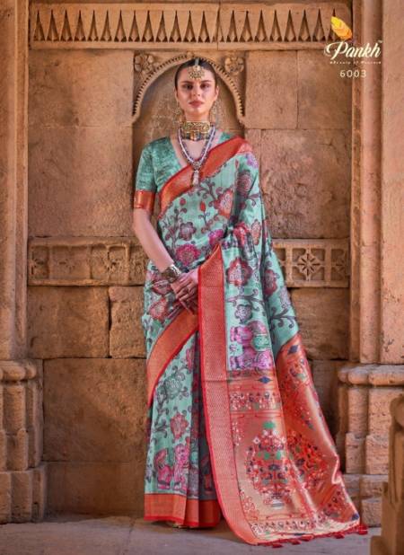 Sea Green And Red Colour Heritage By Pankh Printed Saree Catalog 6003