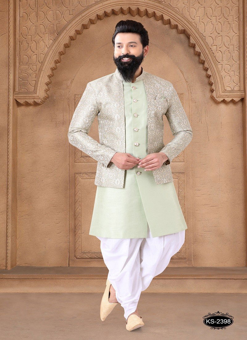 Sea Green And White Colour 1632 Wedding Mens Wear Silk Indo Western Suppliers In India 1632-KS 2398