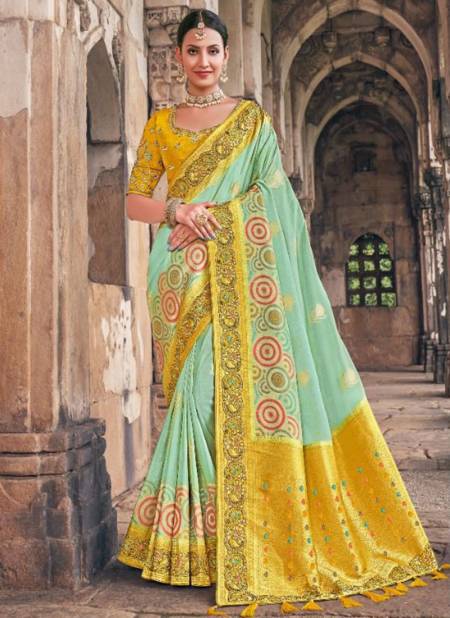 Sea Green And Yellow Colour Airavat Silk Wholesale Designer Wedding Wear Saree Catalog 2001