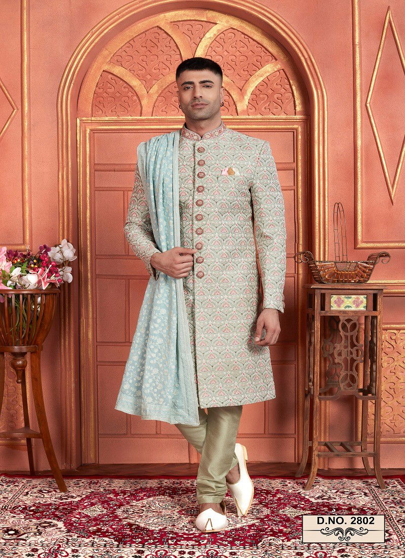 Sea Green Colour 1642 Wedding Mens Wear Art Silk Sherwani Suppliers In India 2802