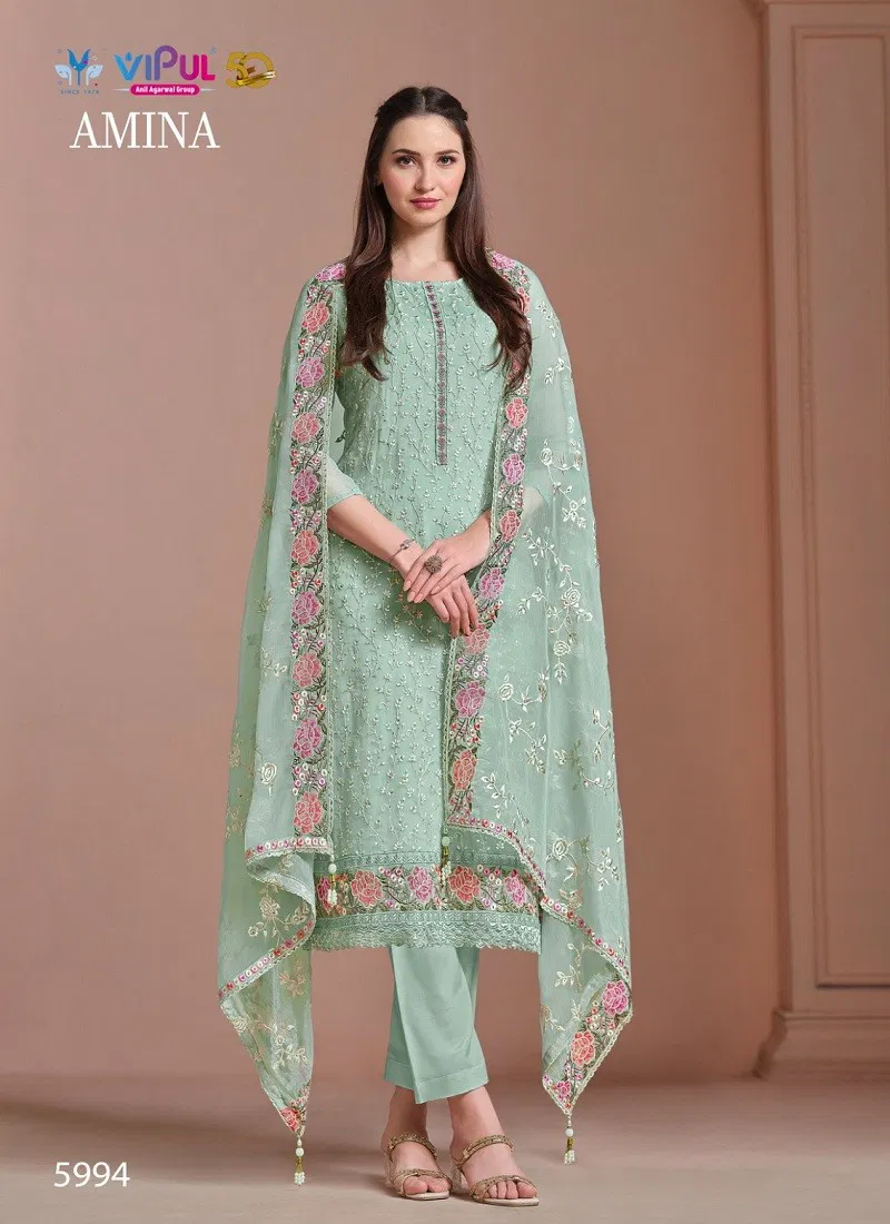 Sea Green Colour Amina By Vipul Twinkle Chiffon Salwar Kameez Wholesale Shop In Surat 5994