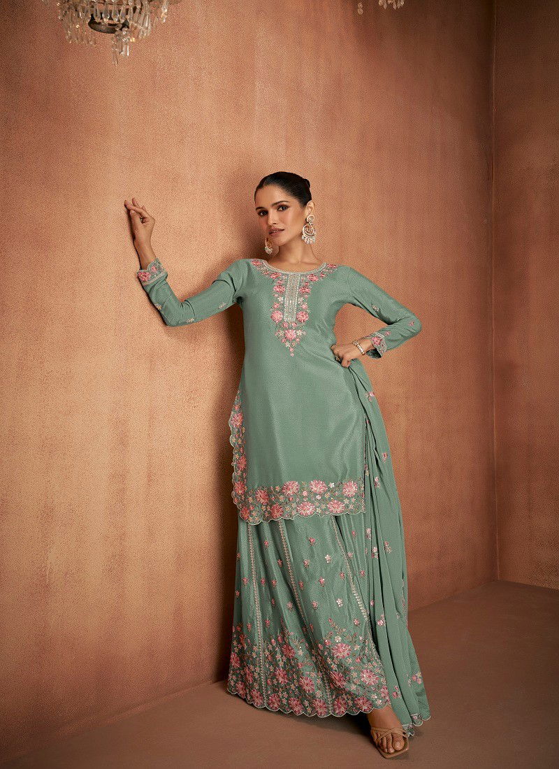 Sea Green Colour Elvira By Gulkayra Chinon Readymade Suits Orders In India 7488-C