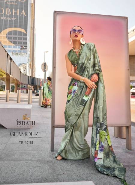 Sea Green Colour Glamour By Trirath Swiss Satin Digital Printed Saree Wholesalers In Delhi 10181