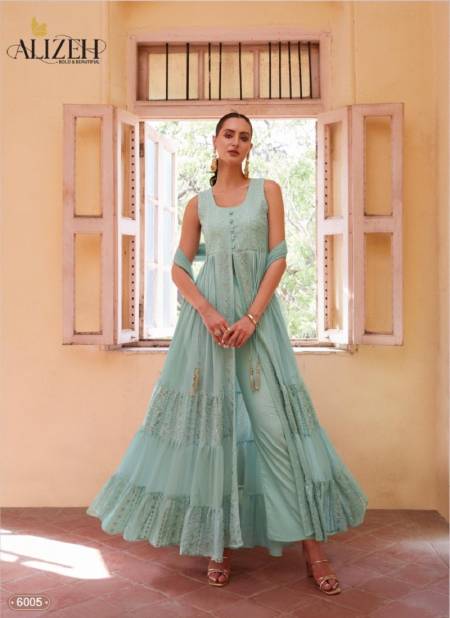 Sea Green Colour Gulbahar Vol 4 By Alizeh Desginer Frilled long Gowns Wholesalers In Delhi 6005