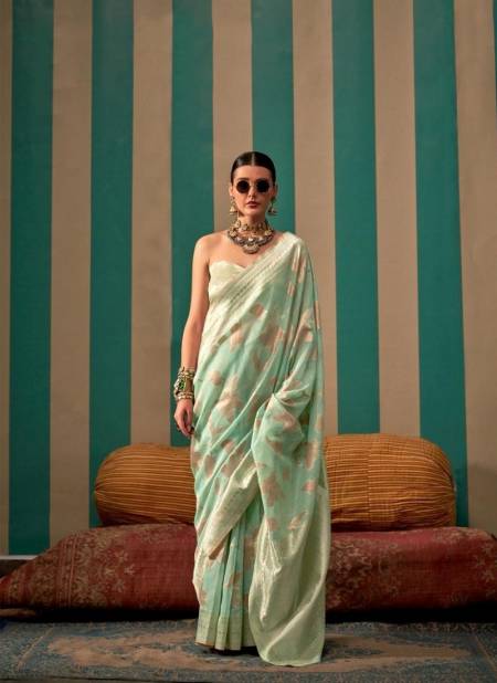 Sea Green Colour Kapri Linen By Rajbeer Wedding Handloom Weaving Sarees Exporters in India 15005