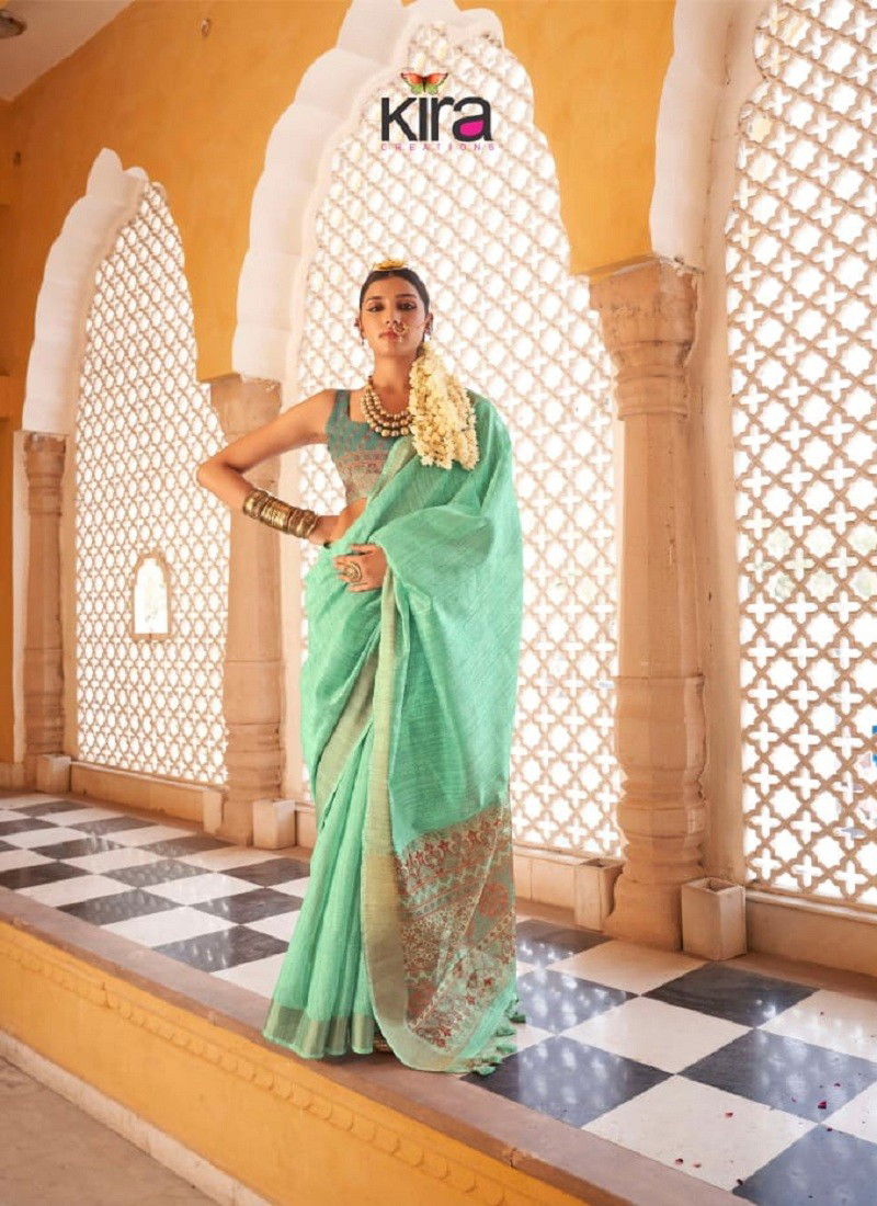 Sea Green Colour Kinaara By Kira Tusser Linen Saree Wholesalers In Delhi 3206