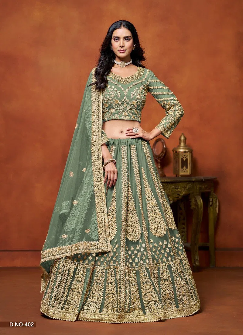 Sea Green Colour Mehvish Vol 4 Net Wedding Wear Lehenga Choli Exporters In India 402