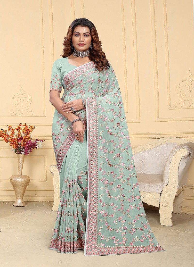 Sea Green Colour Mrunal By Utsavnari Designer Resham Embroidery Wear Saree Manufacturers 2245