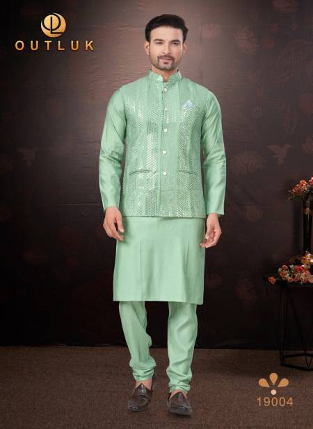 Sea Green Colour Outluk Wedding Collection Vol 19 Pure Silk Mens Modi Jacket Kurta Pajama Wholesale Online 19004