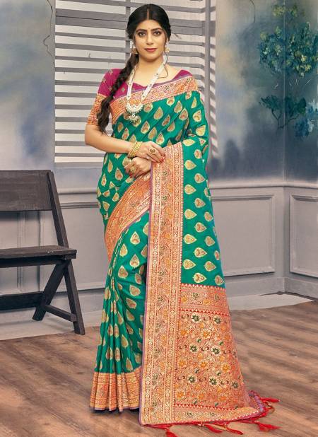Sea Green Colour Pushpanjali Sangam Wedding Wear Wholesale Banarasi Silk Sarees Catalog 1691