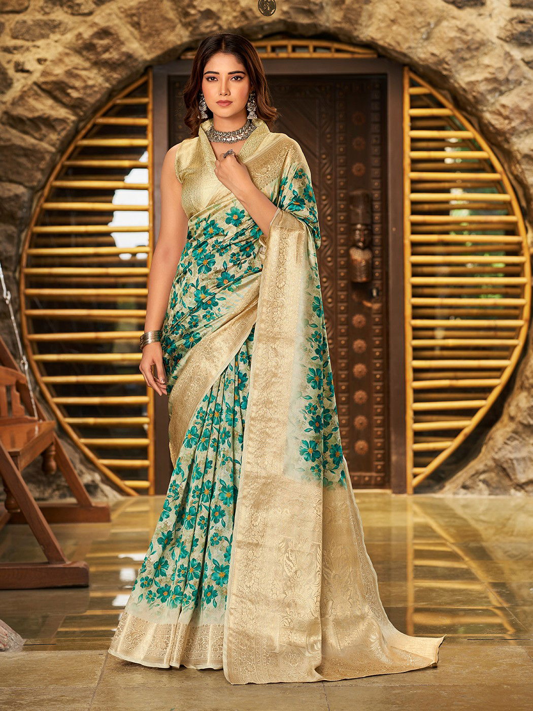 Sea Green Colour SS 171 Dark Flower Printed Litchi Jacquard Womans Saree Wholesale Price In Surat DS-102