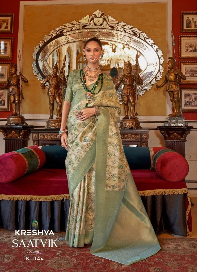 Sea Green Colour Saatvik Vol 4 By Kreshva Tusser Silk Digital Printed Saree Orders In India K-044