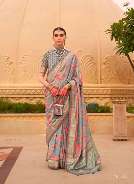 Sea Green Colour Sinhasan By Trirath P.V Silk Foil Printed Casual Wear Saree Wholesalers In India 10221