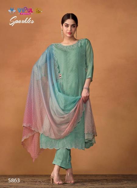 Sea Green Colour Sparkles By Vipul Organza Desginer Salwar Kameez Wholesale Shop In Surat 5863