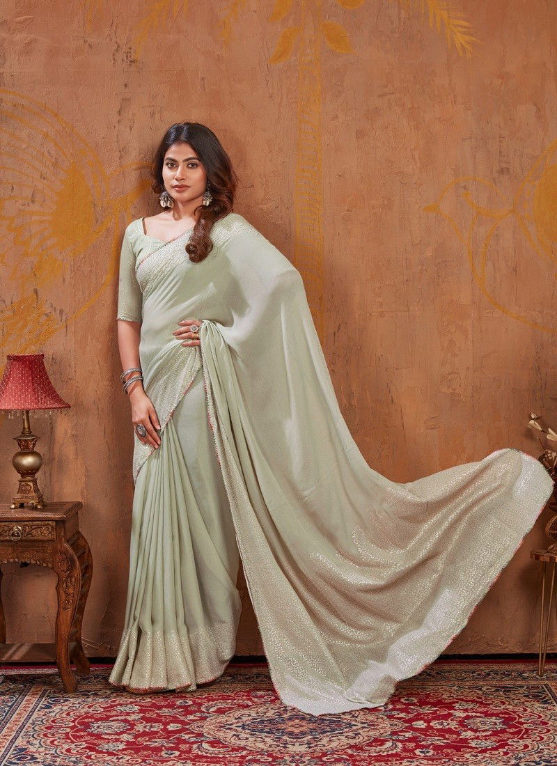 Sea Green Colour Triva By Dhaga Moss Stich Foil Daily Wear Saree Orders In India 1003