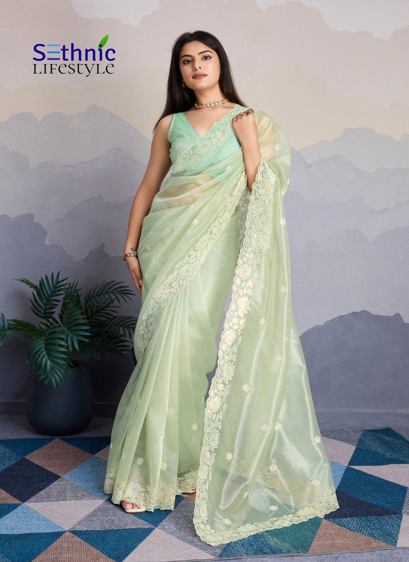 Sea Green Colour Twillora By Sethnic Embroidery Party Wear Wholesale Saree In India 39001