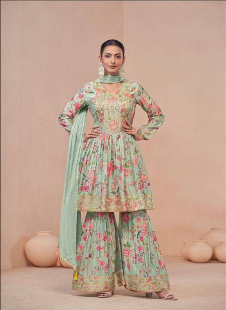 Sea Green Colour Vanshika By Gulkayra Chinon Printed Sharara Readymade Suits Wholesalers In Delhi 7472 C