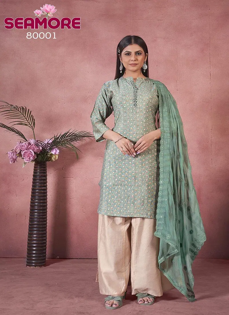 Sea Green Colour Vantara Vol 1 By Seamore Art Silk Embroidery Kurti With Bottom Dupatta Wholesale Online 80001