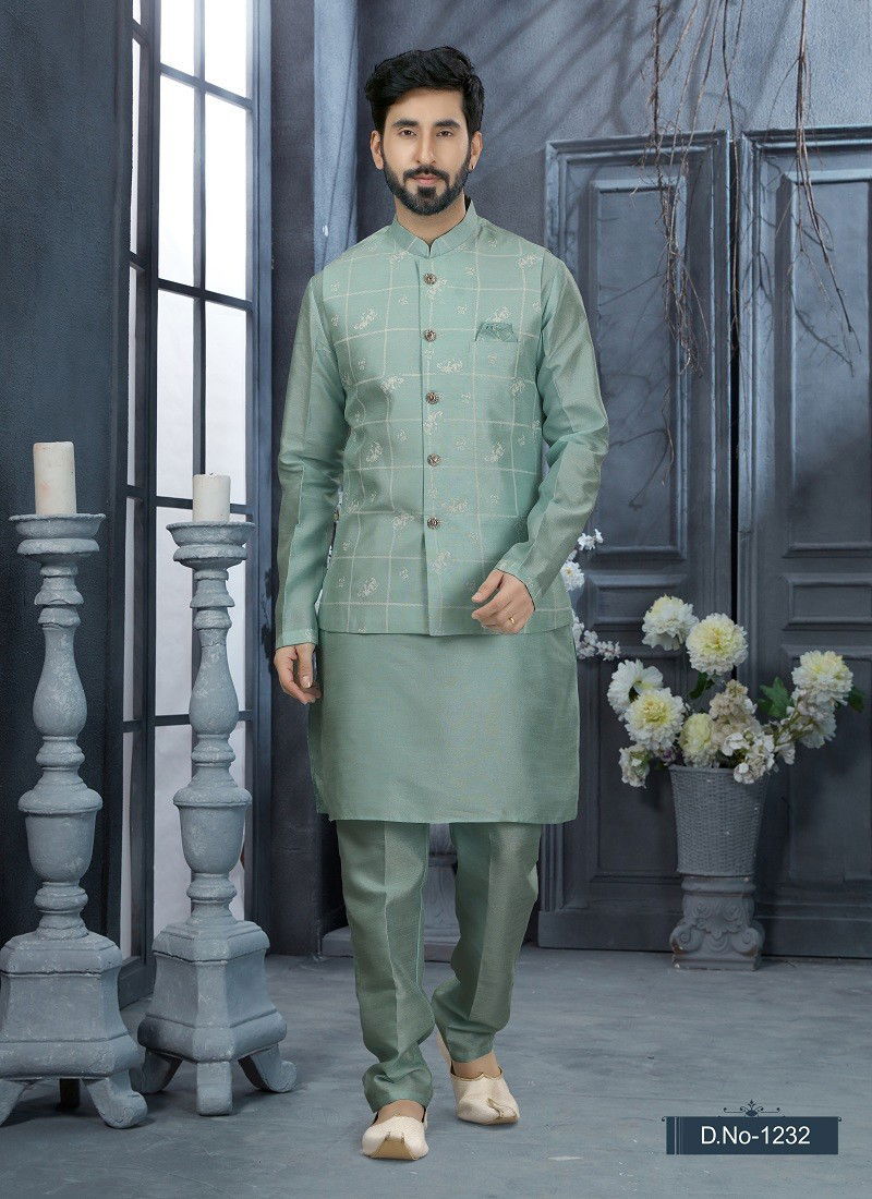 Sea Green Colour Vol 11 Function Wear Mens Modi Jacket Kurta Pajama Wholesale Online 1232