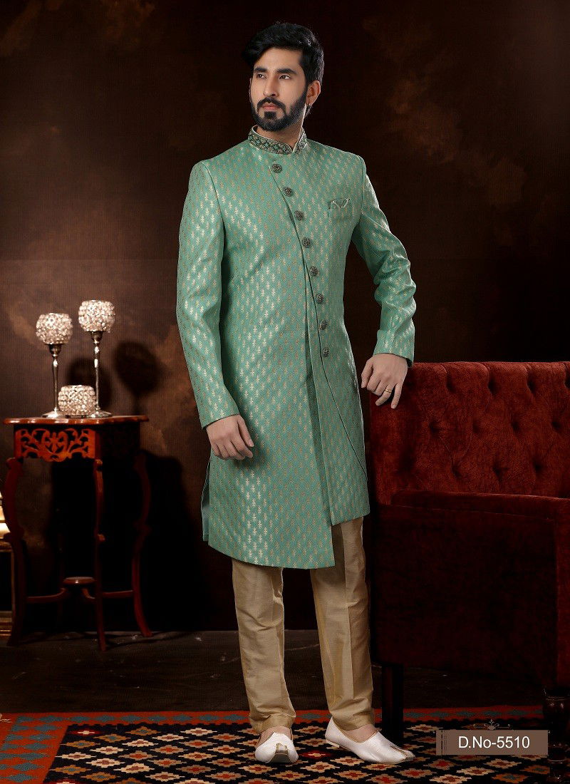 Sea Green Colour Vol 12 Wedding Wear Mens Wholesale Sherwani In India 5510