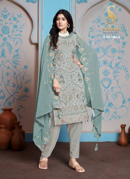 Sea Green Colour Zaira By Sabah Faux Georgette Dress Material Wholesalers In Delhi 1061-A