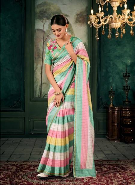 Sea Green Multi Colour Meghdhanush By Rajpath Chanderi Linen Printed Casual Wear Bulk Saree Orders In India 650006