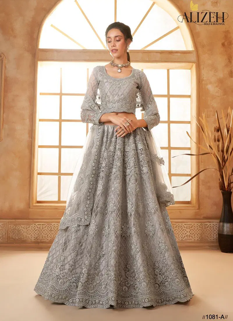 Silver Colour Bridal Heritage Color Saga Vol 3 By Alizeh Party Wear Net Lehenga Choli Wholesale Online 1081-A