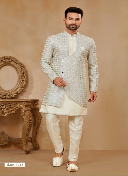 Silver and Cream Colour Party wear Exclusive Indo Western Mens wear Catalog 3046