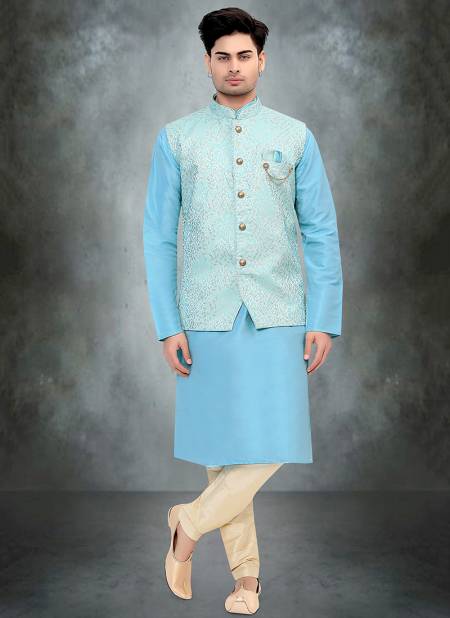 Sky And Peach Colour Padma Creation Function Wear Modi Jacket Kurta Pajama Catalog 1173