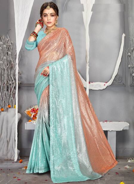 Sky And Peach Colour Rudra Designer Party Wear Sarees Catalog 1645