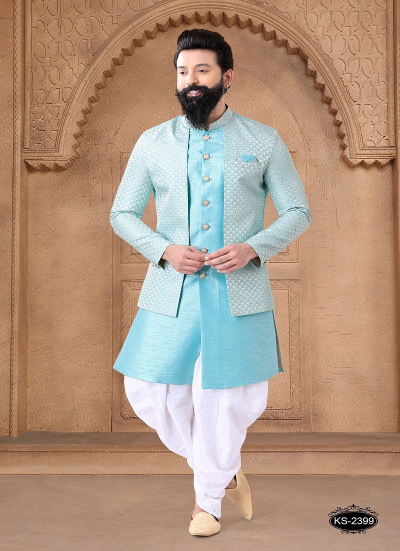 Sky And White Colour 1632 Wedding Mens Wear Silk Indo Western Suppliers In India 1632-KS 2399