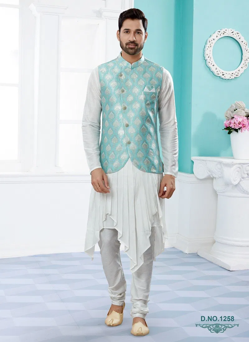 Sky And White Vol 15 Party Wear Mens Modi Jacket Kurta Pajama Online Wholesale 1258