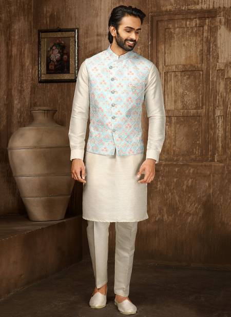 Sky Blue And Cream Colour Ethnic Wear Wholesale Kurta Pajama With Jacket Collection 1327