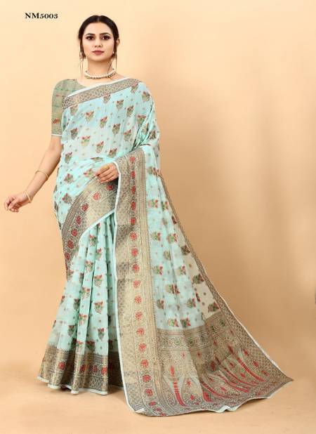 Sky Blue And Gold Colour NM5001 To NM5006 Fashion Berry Soft Cotton Silk Printed Saree Wholesalers In Delhi NM5003