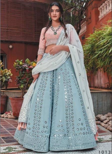 Sky Blue And Peach Colour Panghat Vol 4 Wedding Wear Wholesale Bridal Lehenga Choli 1013