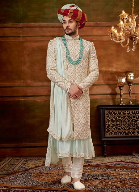 Sky Blue And White Colour Heavy Wedding Wear Wholesale Sherwani Catalog 1010