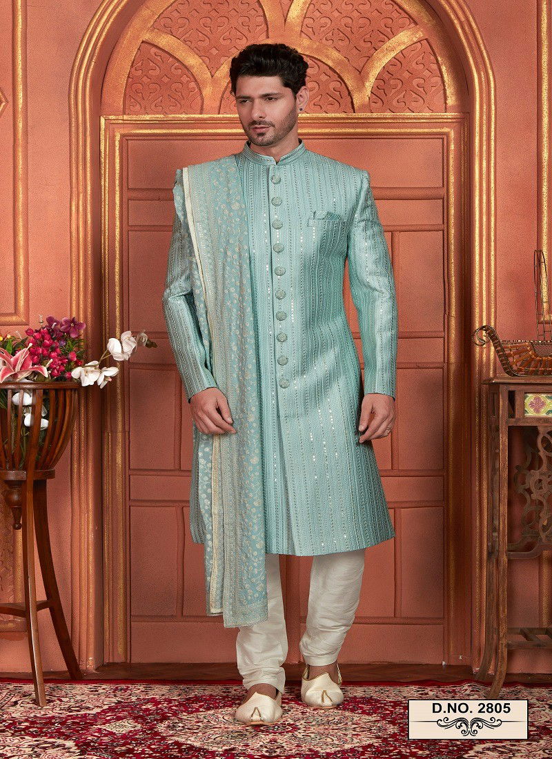 Sky Blue Colour 1642 Wedding Mens Wear Art Silk Sherwani Suppliers In India 2805